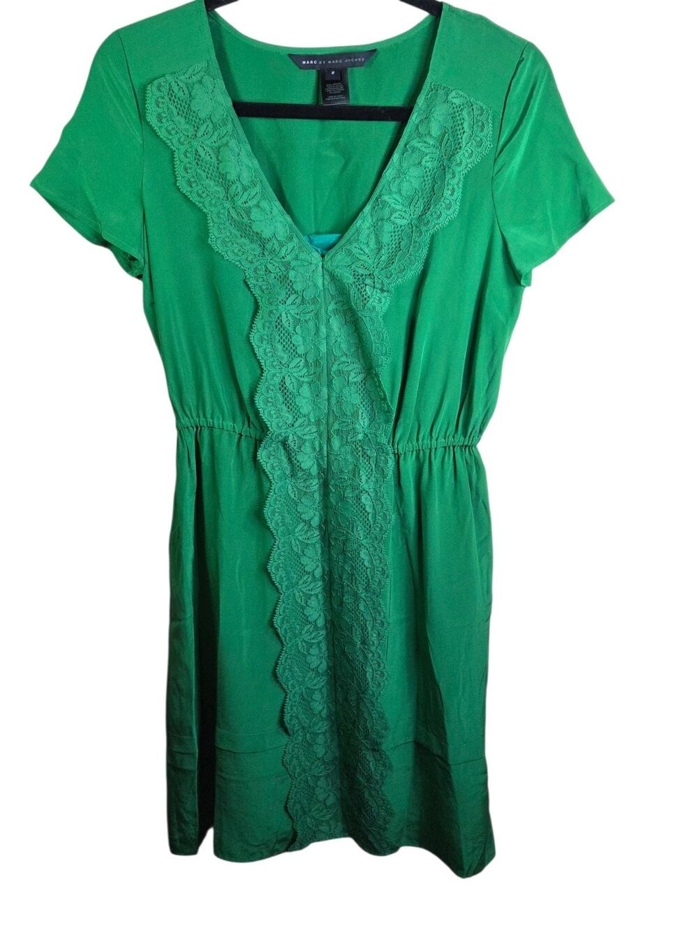 Marc by Marc Jacobs Green 100% Silk Midi Dress Lace Detail Short Slv Lux Size 2